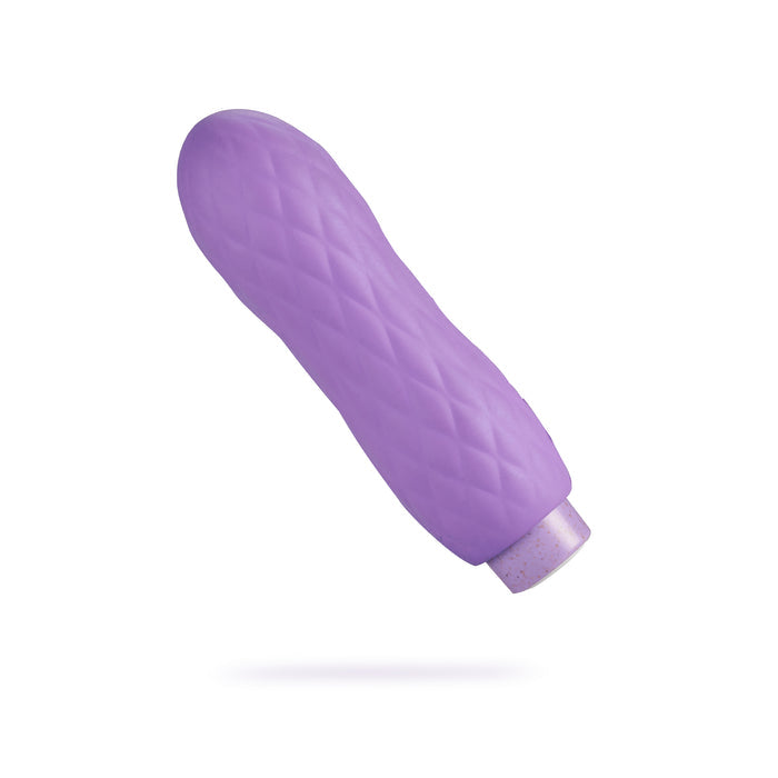 The Eco Bliss by Blush Gaia is a quilted-patterned, purple vibrator with multiple vibrating modes, crafted from eco-friendly materials and shown on a white background.