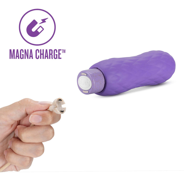 A purple, textured personal massager with a white button is shown next to a close-up of a hand holding a circular magnetic charger. The text "MAGNA CHARGE™" with a magnet icon is displayed above.