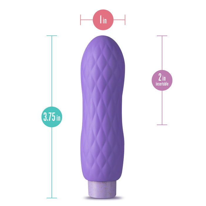 Image of a small, purple textured vibrator with specs: 1 inch wide, 3.75 inches long, and 2 inches insertable. The device has a rounded top and a cylindrical base with a speckled white pattern.