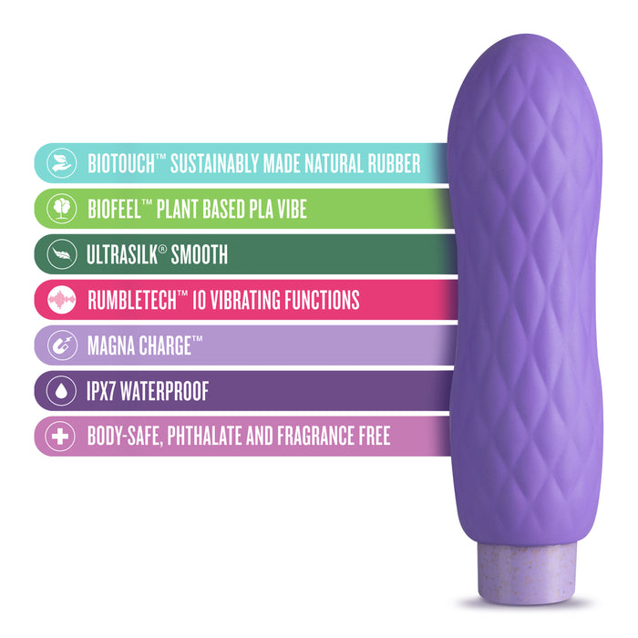 A purple, textured vibrator is displayed next to a list of features: natural rubber, plant-based PLA vibe, ultrasmooth, 10 vibrating functions, magnetic charging, waterproof, body-safe, phthalate and fragrance-free.