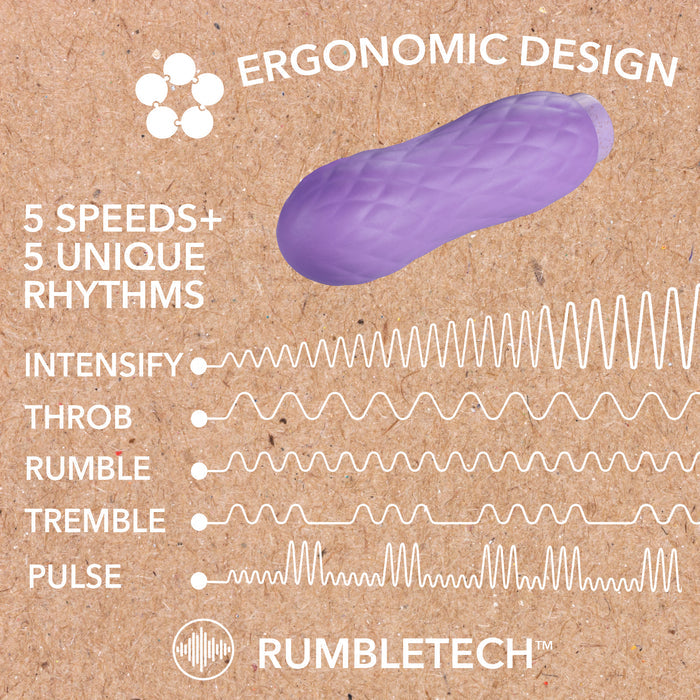 The image features a purple ergonomic design device with text "5 Speeds + 5 Unique Rhythms." There are wave patterns labeled Intensify, Throb, Rumble, Tremble, and Pulse. Background is corkboard-like. RumbleTech logo is at the bottom.