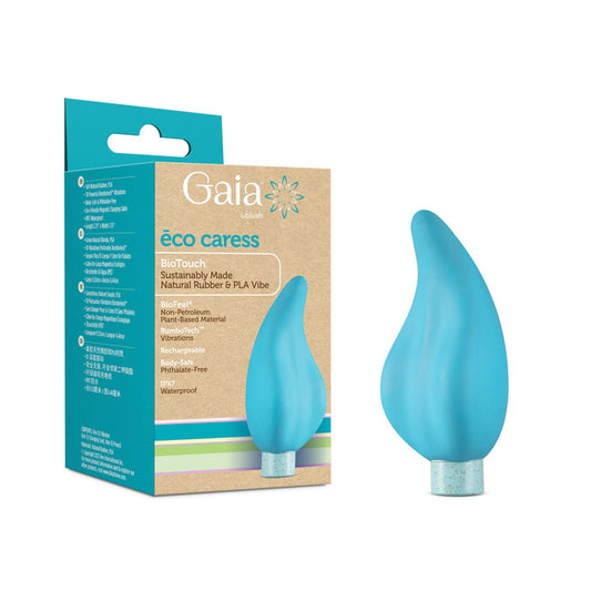 A blue, leaf-shaped vibrator from Blush Gaia, named Eco Caress, stands by its packaging highlighting sustainability, a rechargeable waterproof design, and body-safe materials.