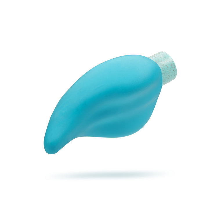 The Eco Caress by Blush Gaia is an eco-friendly, blue leaf-shaped massage tool with a white speckled grip on one end, displayed against a white background.