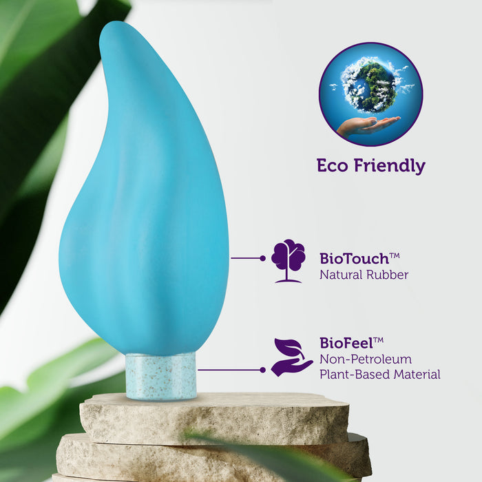 A blue, leaf-shaped object made of BioTouch™ natural rubber and BioFeel™ non-petroleum plant-based material is displayed on stone platforms. A "Eco Friendly" label with a globe in a hand is shown at the top right. Green leaves are in the background.