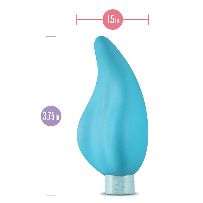 A light blue, uniquely curved object with dimensions labeled as 1.5 inches wide and 3.75 inches tall. The object has a wide, sculpted shape reminiscent of a leaf or flame, and a textured base at the bottom.