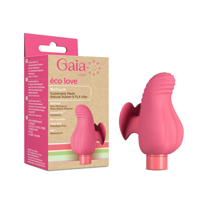 A pink Blush Gaia Eco Love vibrator stands beside its brown and pink box, which showcases its eco-friendly materials, waterproof build, and body-safe, phthalate-free, recyclable construction.