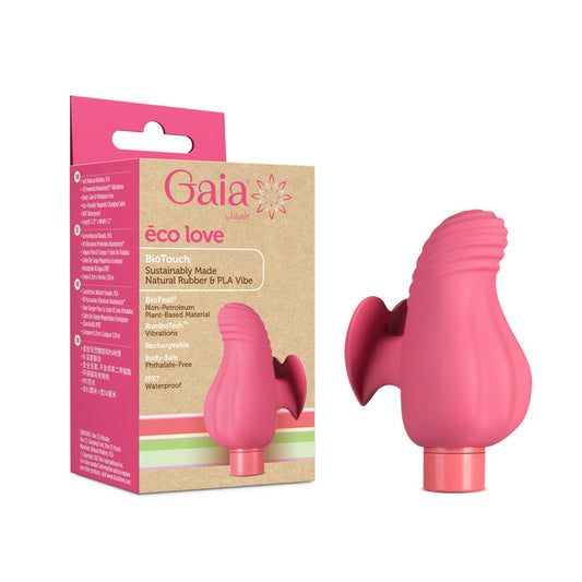 A pink Blush Gaia Eco Love vibrator stands beside its brown and pink box, which showcases its eco-friendly materials, waterproof build, and body-safe, phthalate-free, recyclable construction.