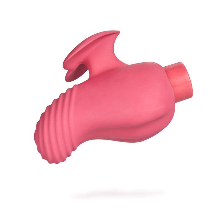 The Blush Gaia Eco Love is a pink, textured toy with a ribbed surface and top handle, designed for easy grip. With multiple vibrating modes, its an eco-friendly choice for versatility seekers, featuring sleek modern aesthetics on a white backdrop.