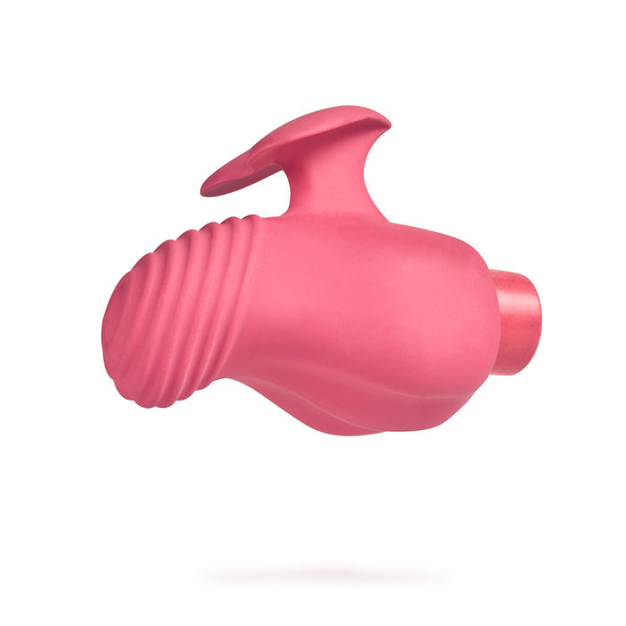 The Eco Love by Blush Gaia is a pink, ergonomic, eco-friendly silicone massage tool. It features a ribbed surface on one end and a bulbous handle for grip, ensuring comfort and efficiency. The sustainably designed product is set against a white background.