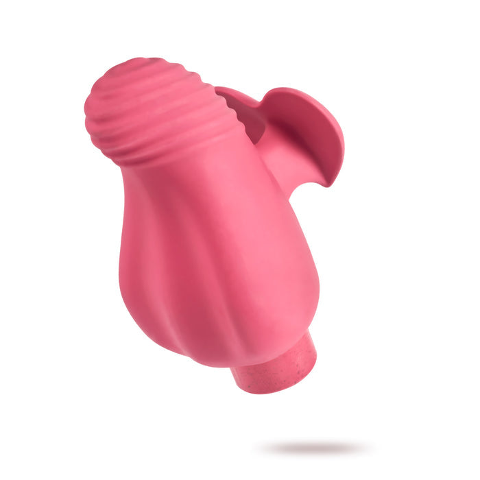 The Blush Gaia Eco Love is a pink silicone sex toy designed for external stimulation with a ribbed, bulbous shape and flared edges. It offers multiple vibrating modes for an exciting experience, and set against a white background, this eco-friendly accessory promises pleasure and sustainability.