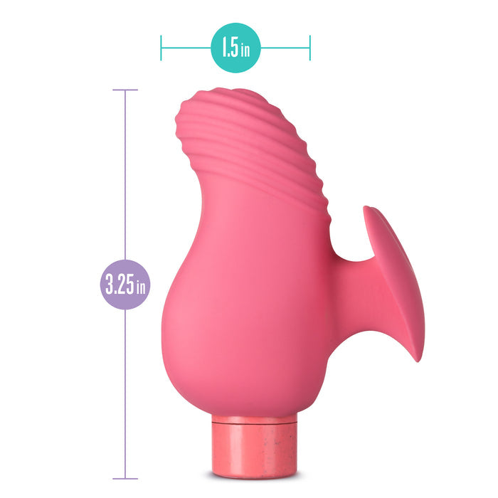 A pink silicone vibrator with a ridged texture, measured at 3.25 inches tall and 1.5 inches wide. It features a suction cup base and a metallic pink accent at the bottom.