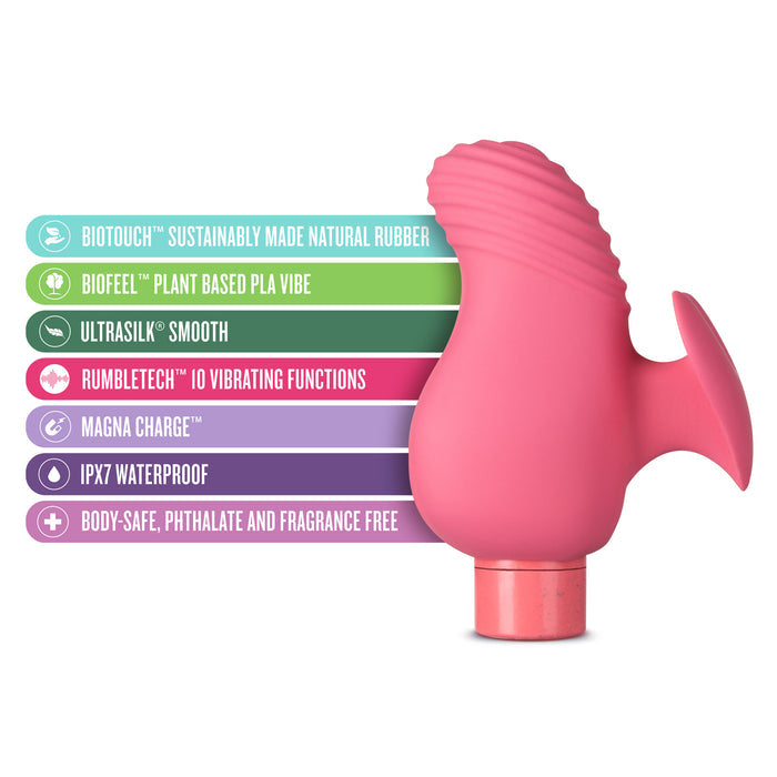 A pink personal massager with a unique shape is displayed next to a list highlighting its features: Biotouch natural rubber, plant-based PLA, Ultrasilk smoothness, RumbleTech functions, Magna Charge, IPX7 waterproof, and body-safe materials.