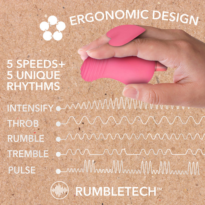 A hand holds a pink ergonomic device against a corkboard background. Text reads: "ERGONOMIC DESIGN, 5 SPEEDS + 5 UNIQUE RHYTHMS." Waves are labeled: Intensify, Throb, Rumble, Tremble, Pulse. The logo "RUMBLETECH™" is at the bottom.