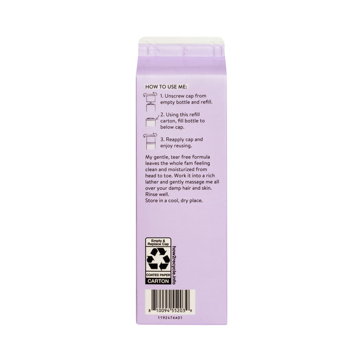 A lavender bottle labeled Shampoo+ Body Wash, Carton Refill by The Honest Company has black text instructions: unscrew the cap, refill for less waste, replace the cap. Eco-friendly symbols and product details on the bottom ensure a tear-free experience.
