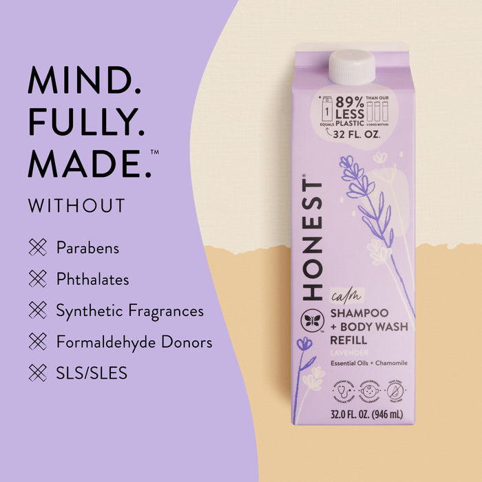 A lavender-colored packaging for Honest brand shampoo and body wash refill is shown. The text highlights it is made without parabens, phthalates, synthetic fragrances, formaldehyde donors, and SLS/SLES. It also uses 89% less plastic.