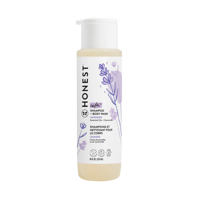 The Honest Companys Shampoo + Body Wash, in a calming lavender scent, features purple lavender illustrations and product details. Infused with aloe and chamomile extract for gentle care, the 10 fl oz (296 ml) transparent bottle has a white label and clear flip cap.