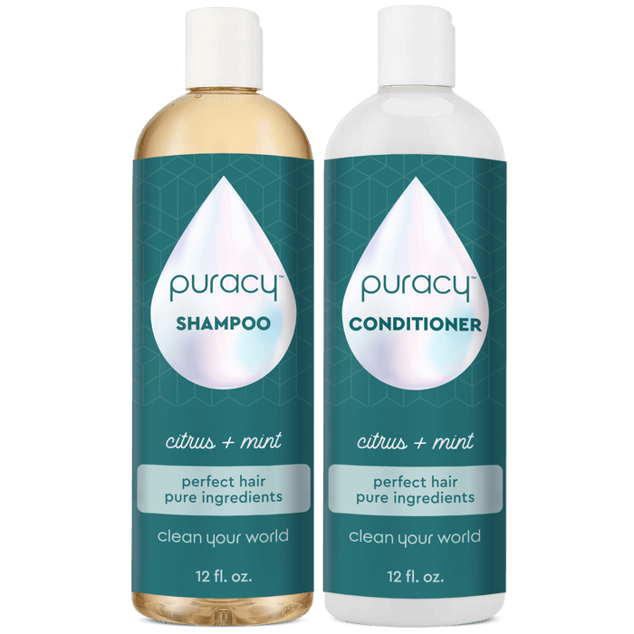 Two 12 fl. oz. Shampoo & Conditioner Set, vegan, plant-based, citrus + mint scent.