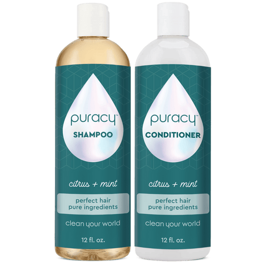 Two 12 fl. oz. Shampoo & Conditioner Set, vegan, plant-based, citrus + mint scent.