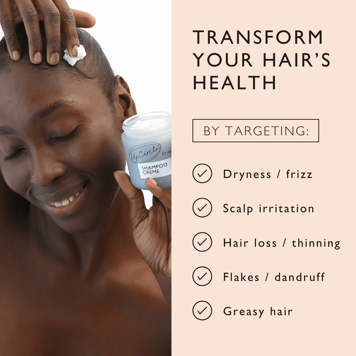 A person with closed eyes applying cream to their hair from a jar labeled "Shampoo Crème." Text reads: "Transform your hair's health by targeting: dryness/frizz, scalp irritation, hair loss/thinning, flakes/dandruff, greasy hair.