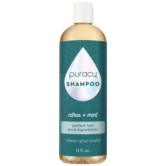 Puracy Shampoo (Sulfate/Paraben/Silicone-Free), citrus + mint, 12 fl. oz, featuring a blue and clear label, infused with botanical extracts and essential oils for a refreshing cleanse, provides gentle nourishment for your hair.