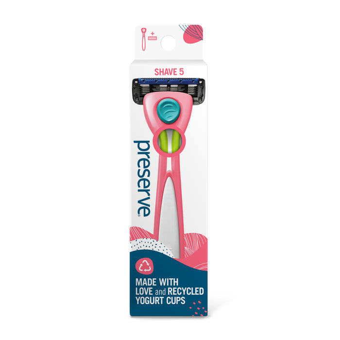 The Preserve Shave 5 Starter Set features eco-friendly packaging crafted from recycled yogurt cups, embellished with the recycle symbol and the phrase Made with love and recycled plastic, perfectly blending sustainability with style.
