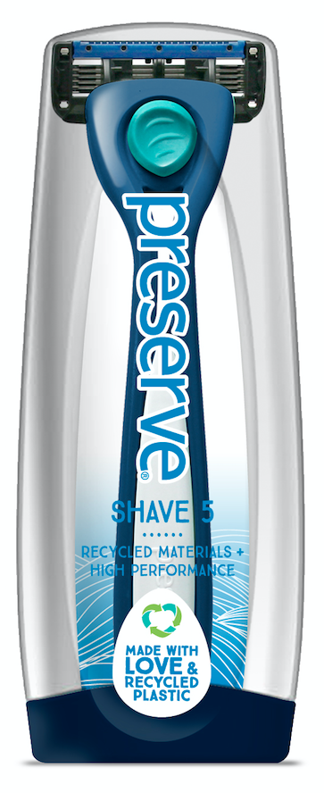 The Shave 5 Starter Set by Preserve, in blue packaging marked Shave and Made with Love & Recycled Plastic, features ceramic-coated blades and highlights its use of recycled materials for high-performance shaves.
