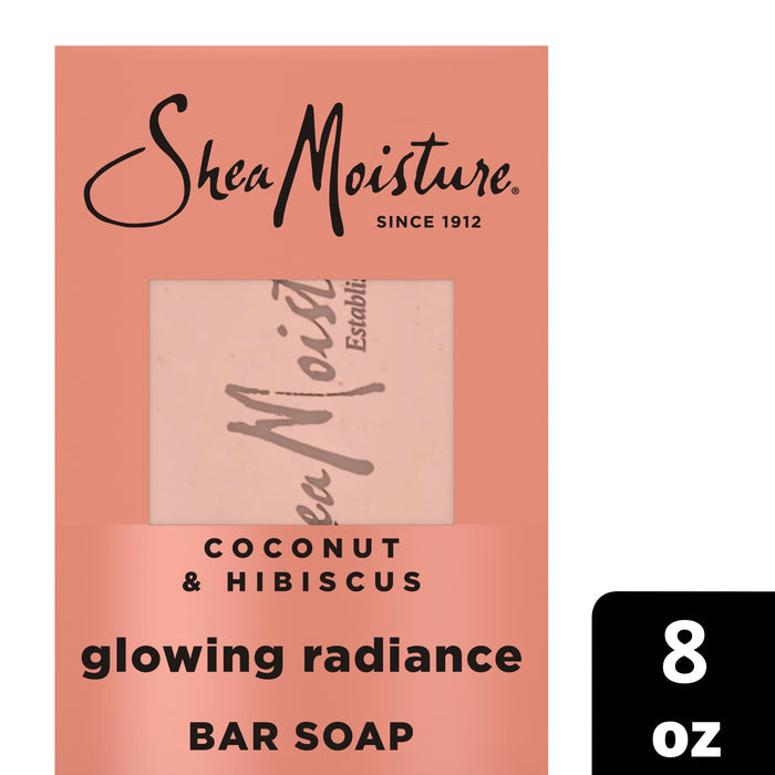 A package of SheaMoisture Shea Butter Bar Soap, 8 oz, featuring a small window that reveals the soap inside—a nourishing bar soap infused with shea butter, formulated to brighten dull skin and enhance the natural glow of melanin-rich skin.