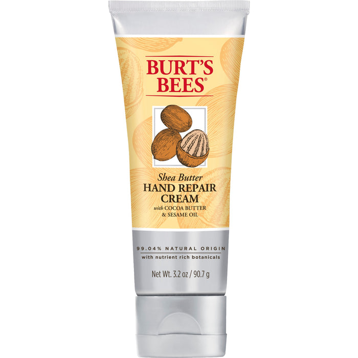 Tube of Burts Bees Shea Butter Hand Repair Cream, with shea nuts and 99.04% Natural Origin and 3.2 oz. on the beige and silver packaging, promises moisturizing care for your skin.