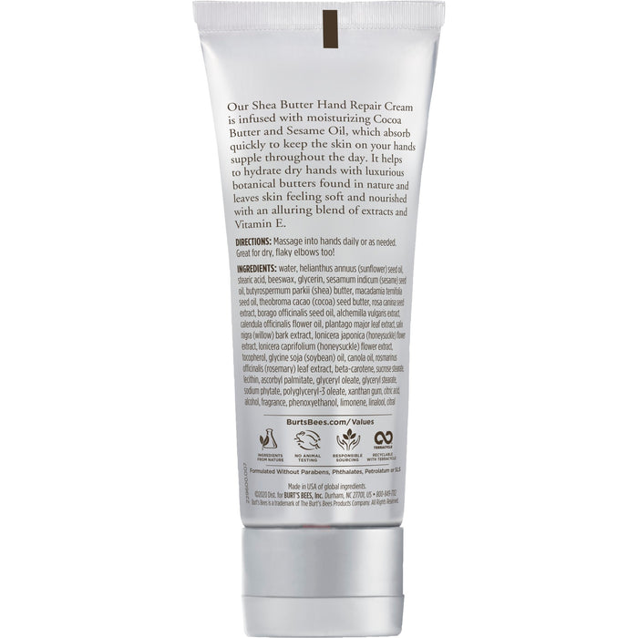 Burts Bees Shea Butter Hand Repair Cream provides moisturizing benefits with shea butter, cocoa butter, and sesame oil. The tube packaging offers clear instructions, a comprehensive ingredients list, and the brands website for further information.
