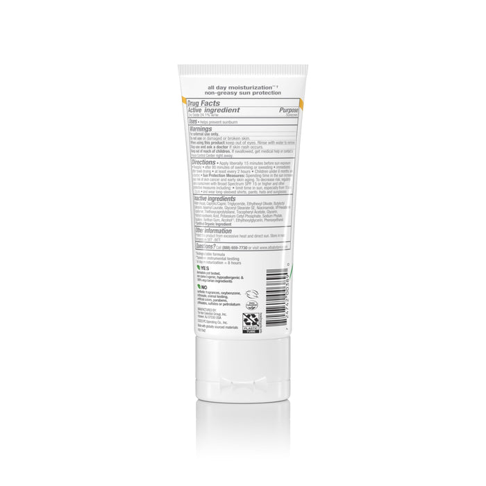 A white tube of Alba Botanica Sheer Mineral SPF 30 moisturizer stands upright with the back label showing drug facts, ingredients, directions, and symbols on a white background—ideal for sensitive skin.