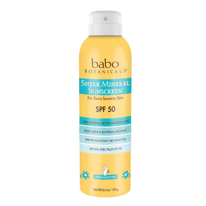 The Babo Botanicals Sheer Mineral Sunscreen Spray provides SPF 50 protection in a yellow cylindrical bottle. Its designed for extra sensitive skin with 100% mineral actives like non-nano titanium dioxide. Its non-greasy, hypoallergenic, water-resistant for 80 minutes, and fragrance-free.