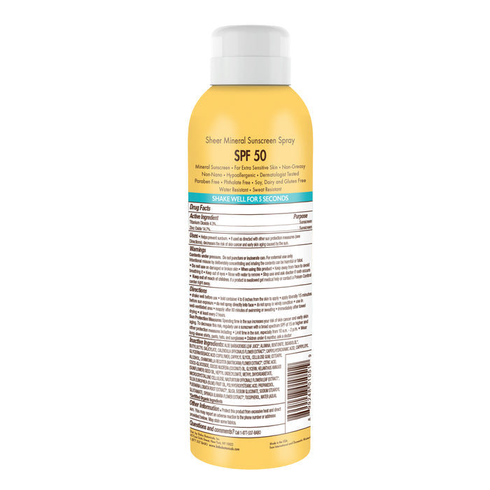A yellow bottle of Babo Botanicals Sheer Mineral Sunscreen Spray - SPF 50, contains non-nano titanium dioxide, with visible instructions and active ingredients on the side. It advises shaking well for 5 seconds.