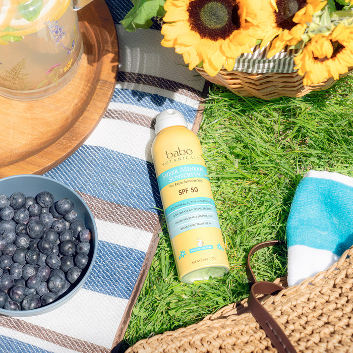 A bottle of Babo Botanicals Sheer Mineral Sunscreen Spray SPF 50 with non-nano titanium dioxide sits on grass amid a picnic scene: juicy blueberries, sunflowers in a basket, a striped towel, and a wooden tray with a glass pitcher.
