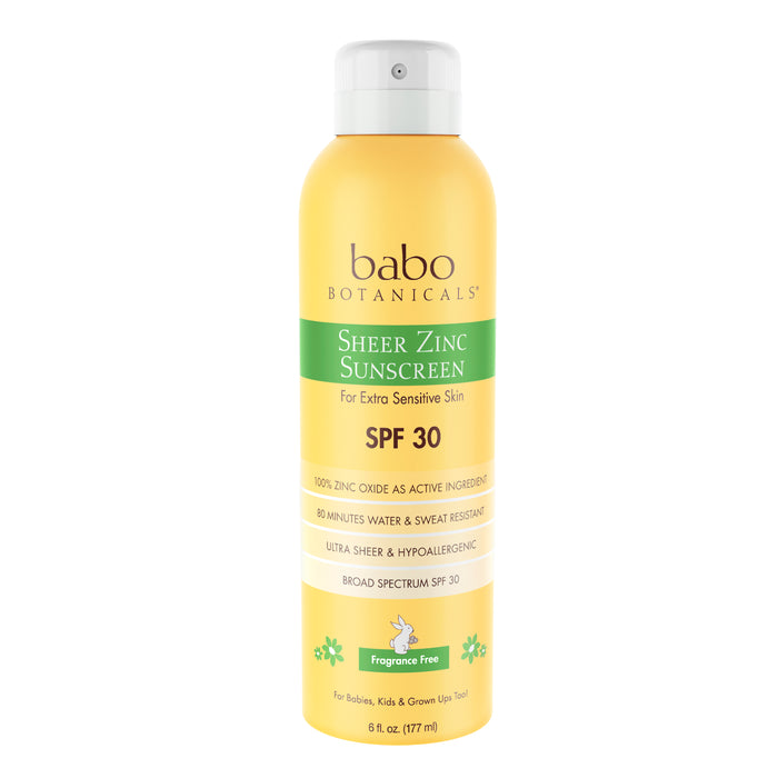 The Sheer Zinc Continuous Spray SPF30 by Babo Botanicals comes in a yellow and green 177 ml bottle. Ideal for sensitive skin, its fragrance-free and suitable for babies, kids, and adults. It offers up to 80 minutes of water and sweat resistance with gentle protection.