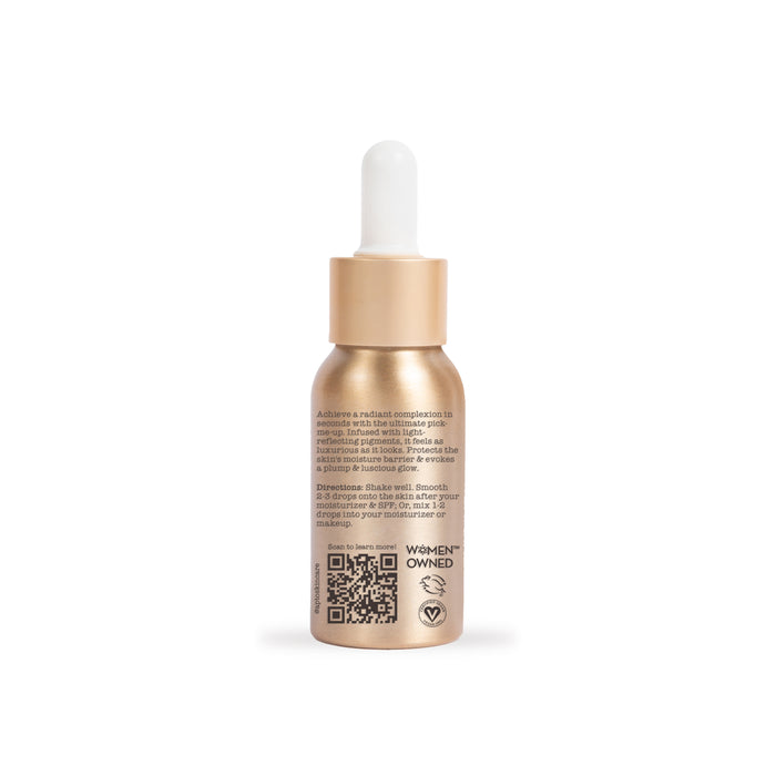 The Shimmer Drops with Turmeric & Niacinamide by APTO Skincare are in a small gold bottle with a dropper. The text highlights benefits from natural ingredients and displays Women Owned, vegan, and cruelty-free symbols. A QR code is near the bottom, all on a plain white backdrop.