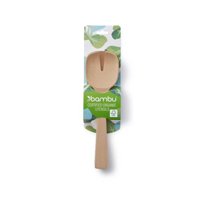 A Short Bamboo Salad Server by Bambu with a wide, flat handle is attached to packaging labeled “Bambu Certified Organic Utensils.” The FSC-certified bamboo packaging features green leaves plus USDA Organic and FSC certification logos.
