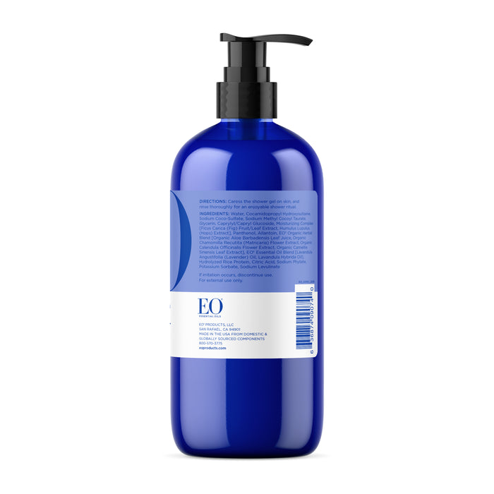 A blue bottle with a black pump, showcasing a label with product details, a barcode, and the initials EO prominently. It likely contains Lavender Shower Gel from EO Products, ideal for a soothing personal care routine.