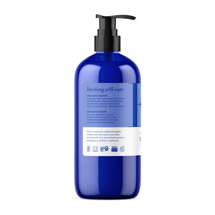 A blue pump bottle with a white label displays EO Products Shower Gel, emphasizing a moisturizing blend for body and skin care, set against a pristine white background.