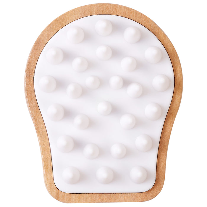 The EcoTools Shower Scalp Massager features a white, oval-shaped head with a wooden base and evenly distributed round nodules, ideal for deep cleansing routines with its simple, modern design.