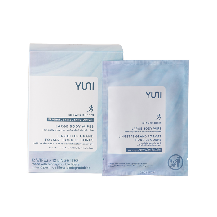 The YUNI Shower Sheets, shown in product images, offer on-the-go cleansing. Packaged with 12 biodegradable wipes per box and a single wipe packet, they are fragrance-free and large. The design features a blue gradient background for a refreshing look.