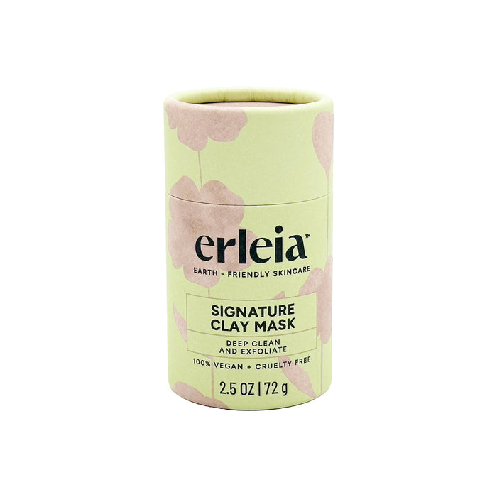 Erleias Signature Clay Mask comes in a cylindrical container with a pale green floral design. The 2.5 oz (72 g) label highlights: Earth-Friendly Skincare, Moroccan Red Clay for deep cleaning and exfoliation, 100% vegan and cruelty-free.