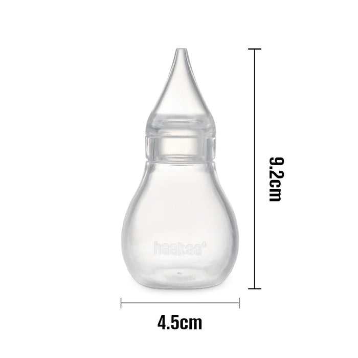 A clear, teardrop-shaped silicone nasal aspirator with dimensions next to it: 9.2 cm in height and 4.5 cm in width at the base.