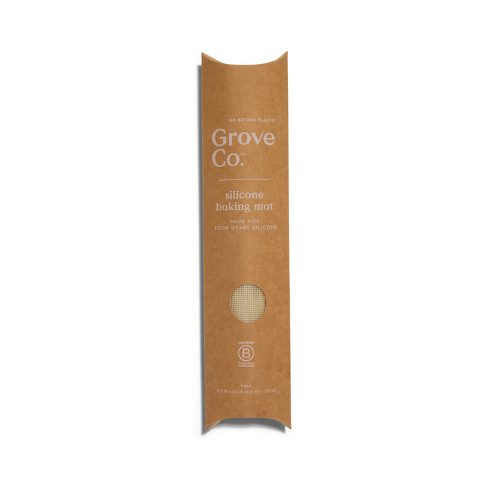A long rectangular brown box labeled Grove Co. Silicone Baking Mat, eco-friendly and made with food-grade silicone, features a circular window displaying the non-stick mat inside.