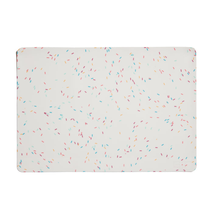 The GIR Silicone Baking Mat is an eco-friendly, rectangular mat with rounded corners featuring a colorful sprinkle pattern on a white background.