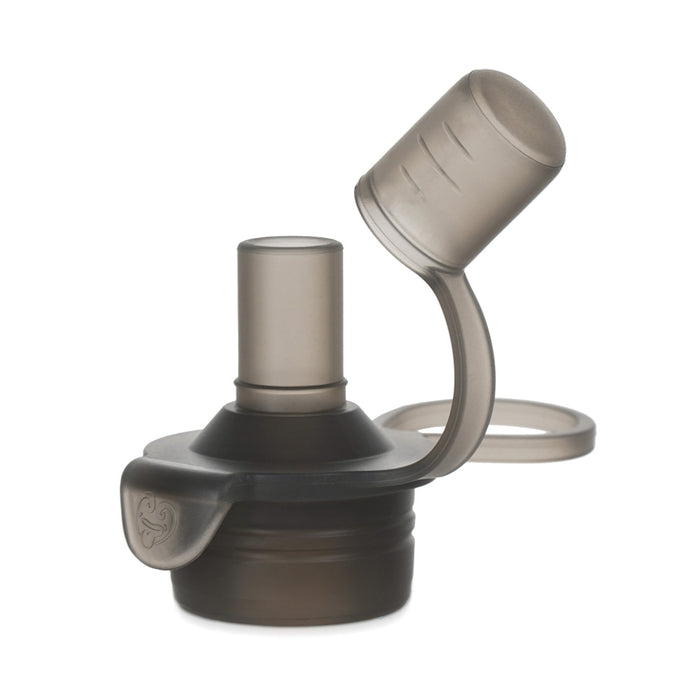 Close-up of a translucent gray lid with flip-top and straw reveals the Haakaa Silicone Milk Storage Bag & Sippy Spout Combo Packs eco-friendly design, complete with a side loop for easy carrying—ideal for on-the-go baby-feeding essentials.
