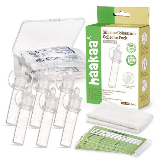 The Haakaa Silicone Colostrum Collector Set is perfect for storing colostrum, featuring six pre-sterilized medical-grade silicone tubes, a storage case, and illustrated instructions. Its BPA-free packaging offers a flexible design in soothing green and cream colors.