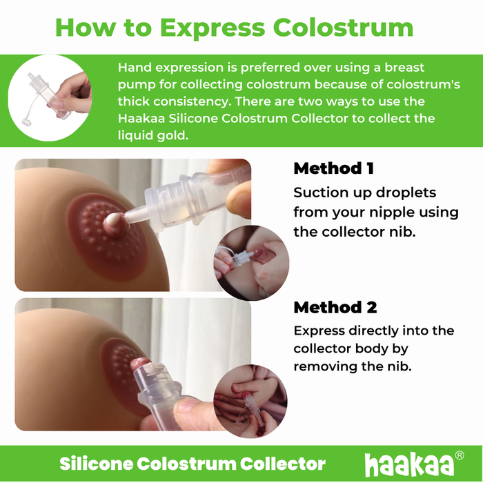 An infographic titled "How to Express Colostrum" shows a silicone colostrum collector. Method 1: Suction droplets from the nipple using the collector nib. Method 2: Express directly into the collector by removing the nib. Logo at the bottom.
