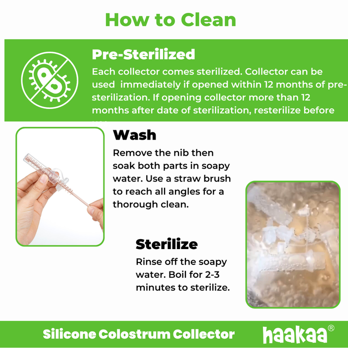 Instructions for cleaning a silicone colostrum collector. Pre-sterilized; use within 12 months or re-sterilize. Wash: soak in soapy water, use straw brush. Sterilize: rinse, then boil for 2-3 minutes. Includes product images.