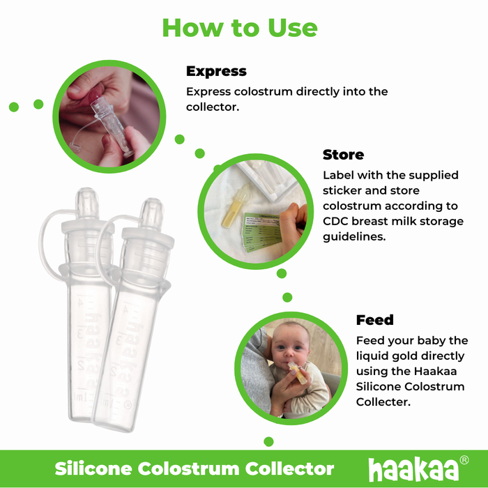 Instructions for using Haakaa Silicone Colostrum Collector. Steps: Express colostrum into the collector, store with label per CDC guidelines, and feed baby directly. Includes images of the product and a baby feeding.