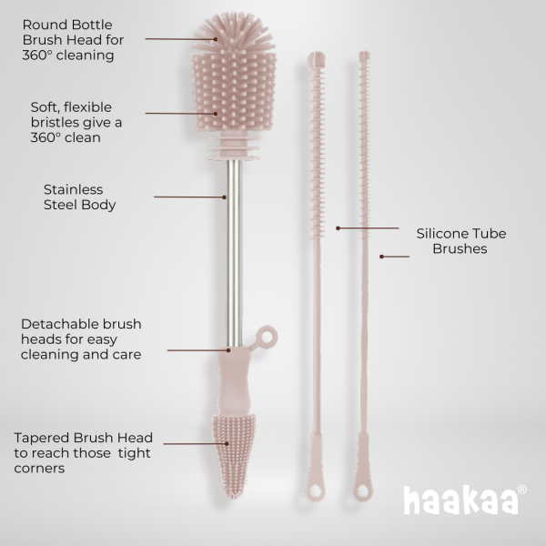 Image of a Haakaa cleaning set featuring a round bottle brush with a stainless steel handle, detachable brush heads, and silicone tube brushes. The brush has soft bristles for a 360° clean, and a tapered head for tight corners.
